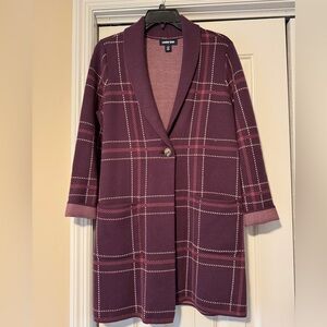NWOT Lands End Open Front Long Cardigan, purple/pink plaid, size small